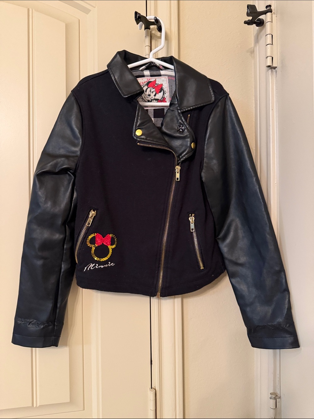 Disney Kids Minnie Mouse Black Faux Leather Sleeve Moto Jacket